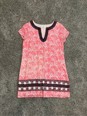 Vineyard Vines Pink Floral Midi Dress with Navy Trim